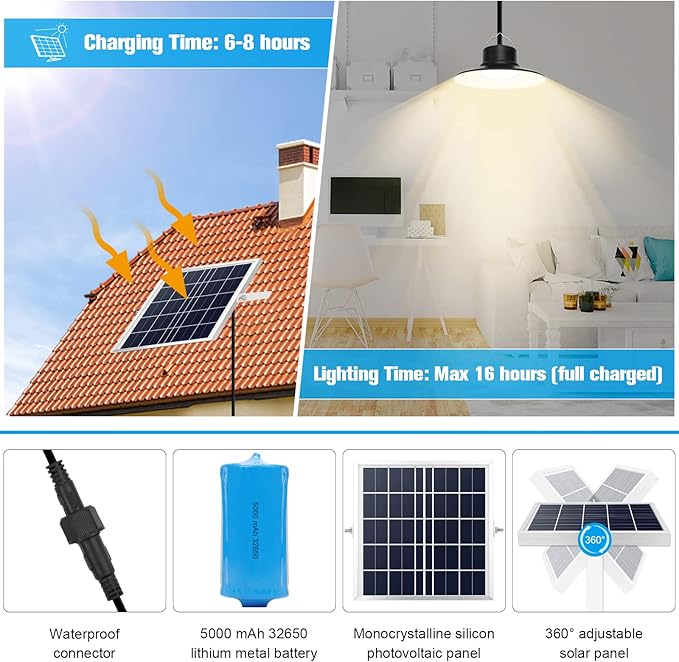 NIORSUN Solar Lights Outdoor LED Solar Pendant Light 3000K|4000K|5000K| Dimmable Lighting with Remote Control 16.4ft Cable IP66 Waterproof for Patio Garage Camp Chicken Coop Shed Barn