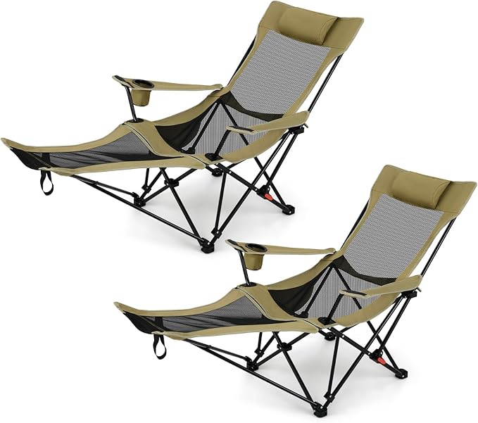 Tangkula Reclining Camping Chair 2 in 1 Porable Folding Lawn Chair with Removable Footrest 4-Position Adjustable Backrest Cup Holder &amp Side Pocket Carry Bag (2 Green)