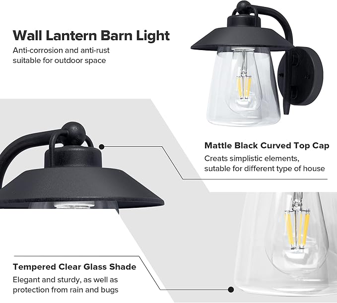 LUTEC 2 Pack Outdoor Indoor Exterior Light Fixture Farmhouse Barn Wall Sconce Matte Black Finish Anti-Rust Wall Mount Light Waterproof Wall lamp with Clear Glass for Porch Exterior Patio