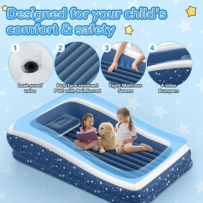 Inflatable Toddler Travel Bed: Portable &amp Safety - Blow Up Toddler Bed Travel with 4 Sides - Kids Air Mattress Ideal for Outdoor Camping - Easy to Inflate Deflate and Clean (67” Blue)