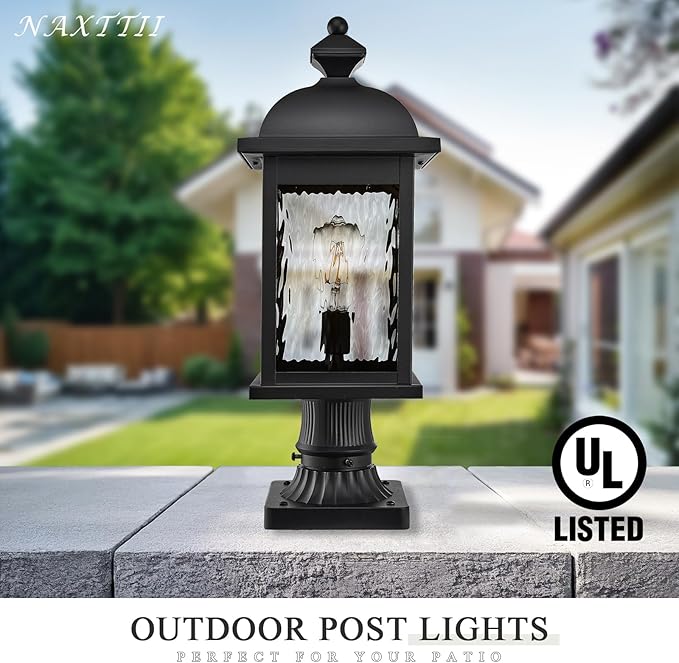 Outdoor Post Lights 21 Inch Height Large Size Lamp Post Outdoor Lighting Black Porch Lights Outdoor Pillar Lantern with Water Ripple Glass for Garden Backyard Walkway and Pathway