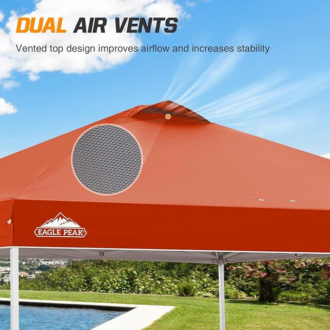 EAGLE PEAK Pop Up Canopy Tent with Wheeled Carry Bag 8 Stakes 4 Ropes 4 Weight Bags Easy Set Up Tent Canopy 10x10 ft 100sqft of Shade Brick Red