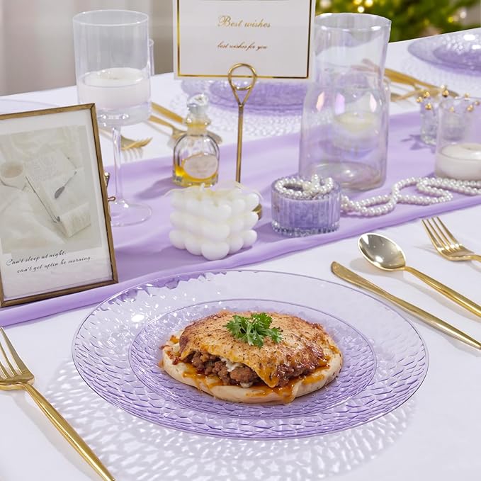Rubtlamp 60PCS Purple Plastic Plates Purple Disposable Party Plates Heavy Duty Plastic With Hammered Fancy Disposable Platos Include 30 Dinner Plate 30 Cake Plate For Parties Wedding
