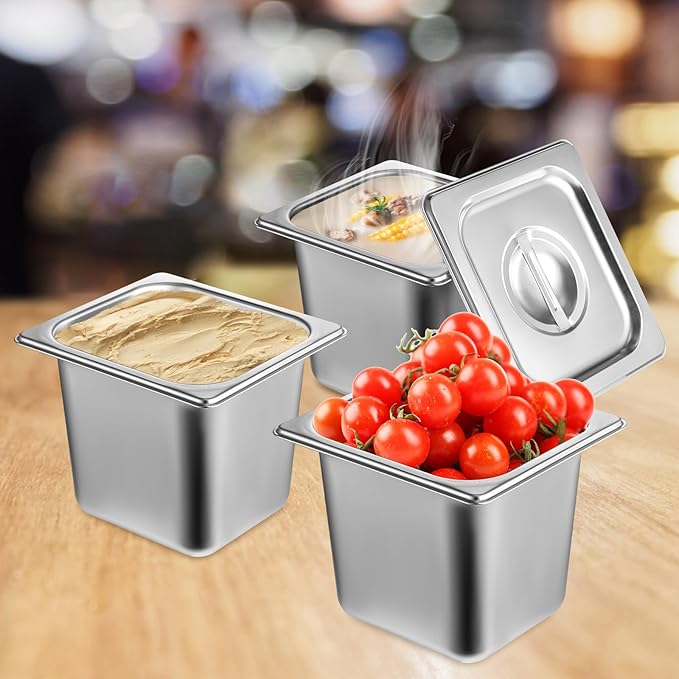 6 Pack Stainless Steel Hotel Pans with Lid 1/6 Size x 6 Deep Steam Table PAN 0.8 mm Thick Commercial Food Storage Containers Anti Jam Pan Stainless Steel Steamer Pan for Hotel Restaurant Buffet