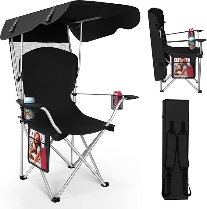 Portable Camping Chair with Canopy - Folding Chair with Canopy Durable 600D Oxford Canopy Chair for Camping Beach Picnics Fishing &amp Sports