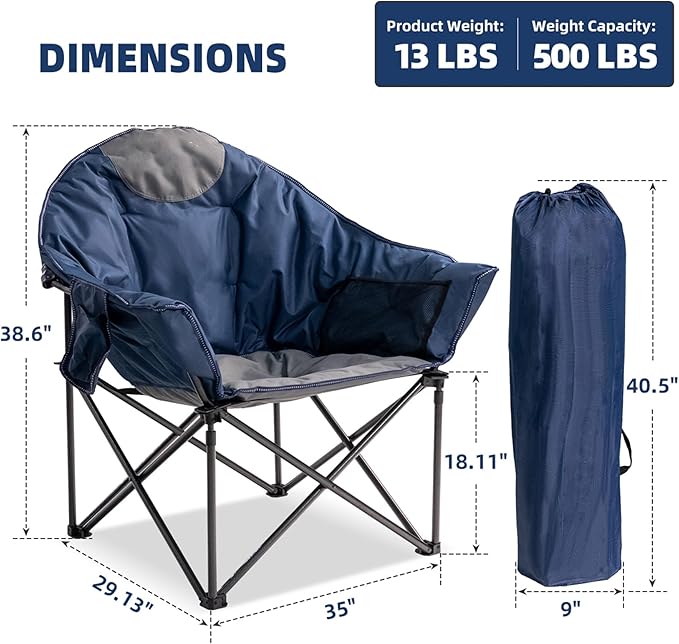Oversized Camping Chair Padded Moon Saucer Chair Set of 2 with Cup Holder &amp Carry Bag Heavy Duty 500lbs Capacity Folding Outdoor Lounge Chair for Lawn Patio Sports - Blue &amp Gray