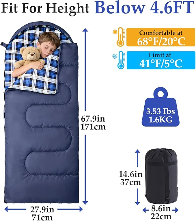 Uniqwamer Kids Sleeping Bag for Girls Boys - 4 Seasons Cold &amp Warm Weather Flannel Camping Sleeping Bags Lightweight &amp Waterproof 45°F Sleeping Bag for Camping Hiking Outdoor Travel