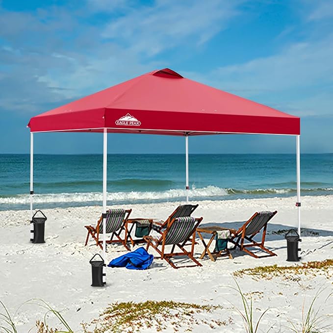 EAGLE PEAK Pop Up Canopy Tent with Wheeled Carry Bag 8 Stakes 4 Ropes 4 Weight Bags Easy Set Up Tent Canopy 10x10 ft 100sqft of Shade Red