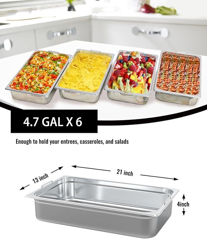 GarveeHome 6 Pack Full Size Food Pans 4 in Deep Commercial Catering Hotel Pan NSF Certified Stainless Steel Anti-Jamming Steam Table PanHandle + No Lid