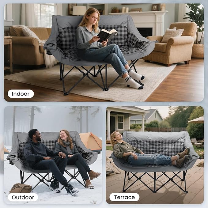 Slsy Double Camping Chair Extra Padded Loveseat for 2 Prson Heavy Duty Folding Loveseat with Cup Holders for Camping Fishing or Hunting