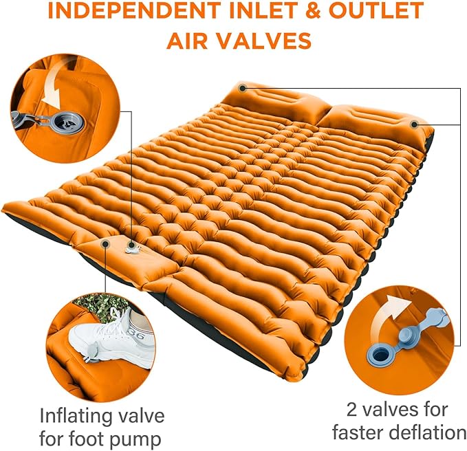 Double Sleeping Pad for Camping 4 Extra Thick Self-Inflating Air Mattress - 2 Person Inflatable Camping Mat with Built-in Foot Pump &amp Pillow Backpacking Hiking Tent Travel-Orange