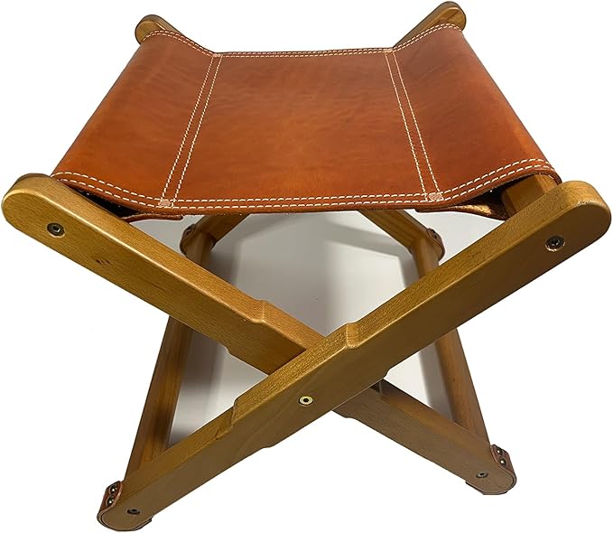Foldable Leather Stool Portable Beech Wood Artist Folding Stool Italian Top Vegetable Tanned Leather Seat Home Fashion Genuine Leathers Director’s Stools for Home Outdoor Camping Fishing