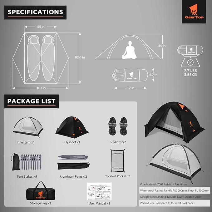 GEERTOP 2 Person 4 Season Blackout Camping Tent - Sleep in Darkroom Waterproof Rainfly Snow Skirt Lightweight Aluminum Pole Easy Setup for Hiking Mountaineering Family Camp
