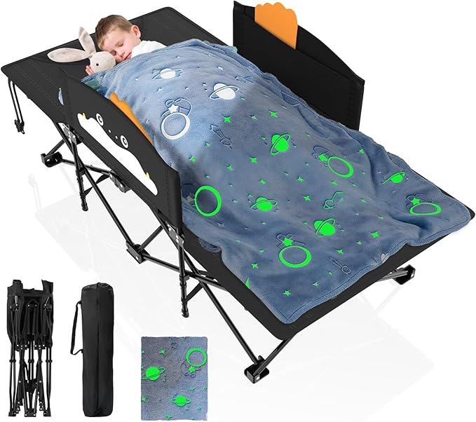 Suteck Kids Camping Cot Comfortable Toddler Cot Bed Easy to Store and Use Portable Sleeping Cot with Guardrail Lightweight Bed for Outdoor Indoor Home