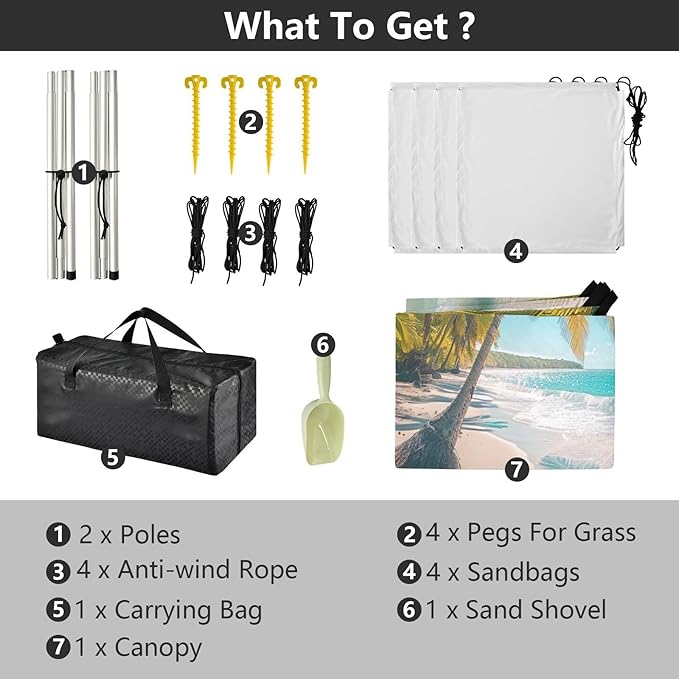 Beach with Palm Trees Beach Tent Sun Shelter 9.2' x 10.5' Beach Canopy with 4 Sandbags 4 Stability Poles Sand Shovels - Tent Canopy for Beach Camping Fishing Picnics