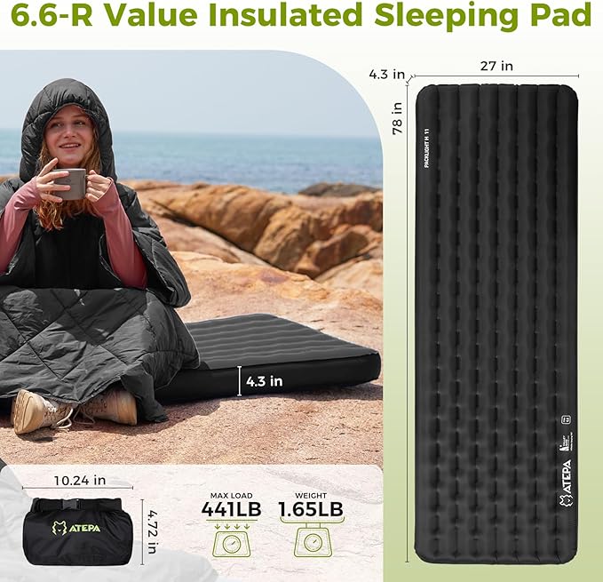 ATEPA ThermAir Pro Backpacking Inflatable Sleeping Pad 6.6 R-Value Insulated Ultralight Portable Camping Pad Thick Camping Mat for Camping Backpacking Tent Wide Long Size 78x27 Black
