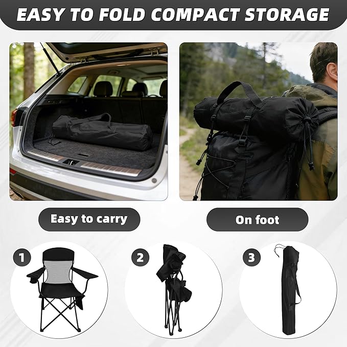 Lightweight Camping Chair for Adults 300lbs Capacity Foldable Portable Lawn Chair with Carry Bag Outdoor Chair for Camping Lawn Beach &amp Travel Black