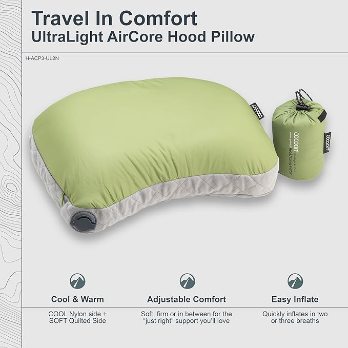 COCOON- Premium - Ultralight Inflatable AirCore Shaped Pillow - Washable Travel Air Pillows for Camping Hiking Backpacking (Regular 11 x 15)