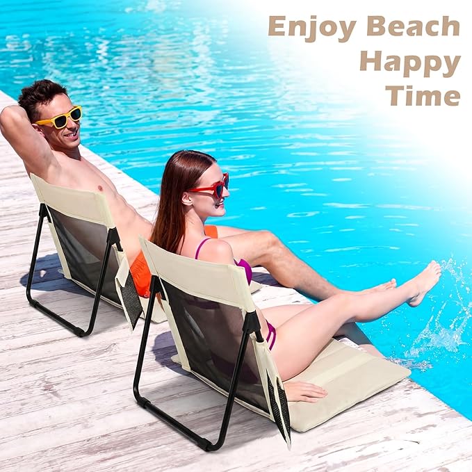 Novabright 2 Pcs Large Foldable Pool Chair Portable Poolside Breathable Seat with Cup Holder Beige Folding Flip Chairs for Edge of Pool Beach Poolside Camping Picnic Accessories