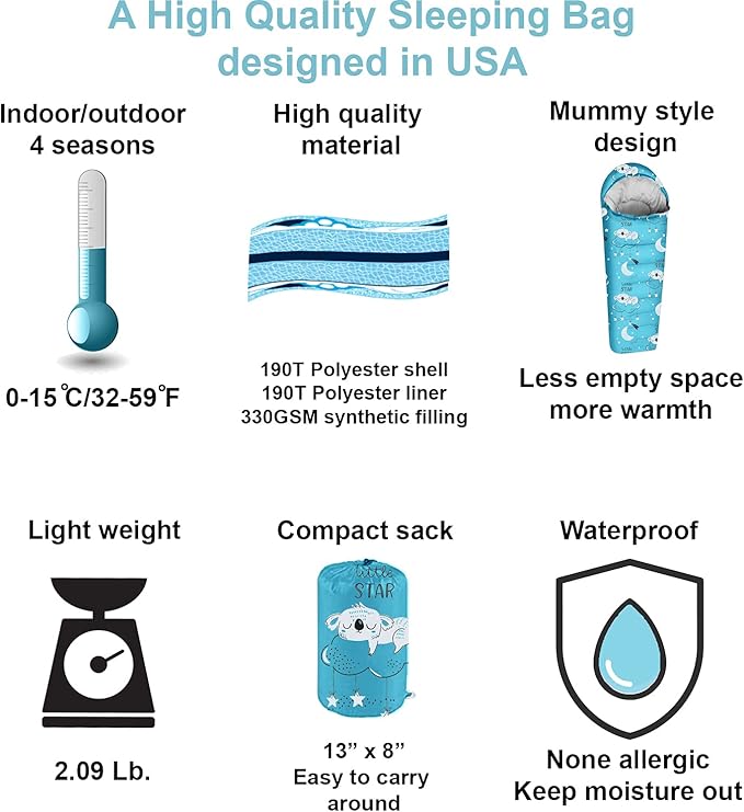KidzAdventure Mummy Style 32 – 59F Kids Sleeping Bag with Pillow Sleeve 4 Season Lightweight and Backpacking Style Ideal for Camping Sleepover Boys Girls Youth and Toddlers