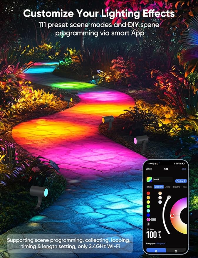 APPECK Smart Outdoor Spot Light 600lm RGBCW+IC Color Changing Landscape Lights 2 Pack IP65 Waterproof Low Voltage Landscape Lighting App/Voice Control for Garden Pathway Yard Christmas Decor