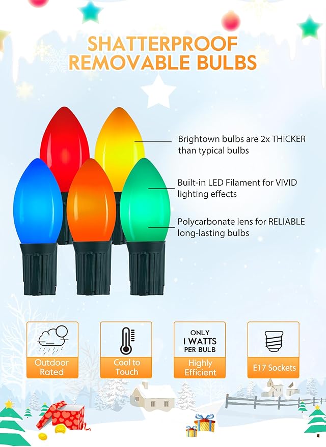 Vintage C9 LED Christmas Lights Outdoor 150 Feet C9 String Lights with 75 Shatterproof C9 Bulbs Waterproof Connectable Commercial Christmas Tree Lights for Outside Roofline Patio Decor Multicolor