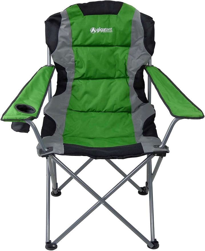 GigaTent Green Folding Camping Chair – Ultra Lightweight Collapsible Quad Padded Lawn Seat with Full Back Arm Rests Cup Holder and Shoulder Strap Carrying Bag – Powder Coated Steel Frame