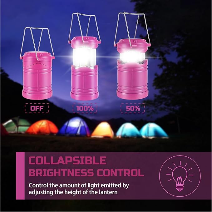 Lichamp LED Camping Lantern 4 Pack Battery Powered Flashlight for Power Outages Portable Collapsible Hanging Light Essential for Home Outdoor Emergency Lamp Survival Kit Gear for Hurricane Pink