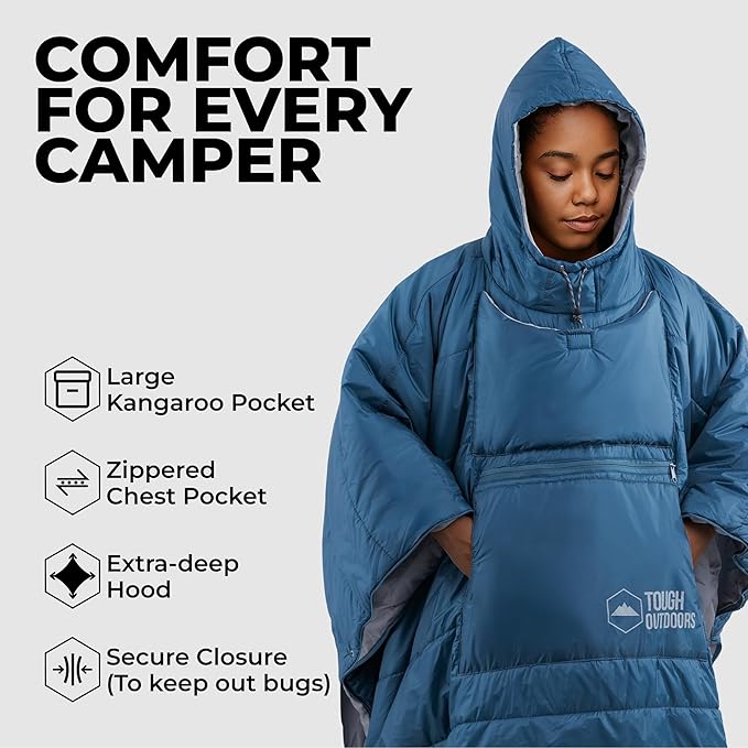 Tough Outdoors 5 in 1 Camping Poncho - Packable Blanket - Wearable Sleeping Bag Adult - Sleeping Bag Poncho - Waterproof