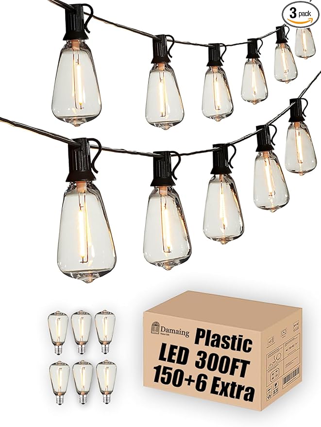 DAMAING String Lights for Outside 300FT shatterproof connectable Patio Lights Outdoor 3 Pack x 100FT with 156 PCS Vintage dimmable LED Edison BulbsWaterproof Hanging Lights for BackyardDeck