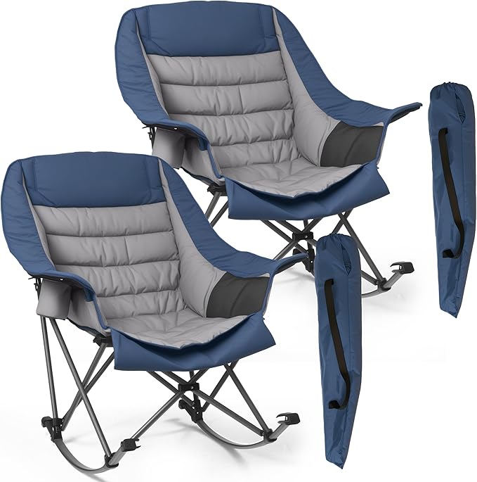 Oversized Rocking Camping Chair for Adults 400LBS Capacity Foldable Outdoor Rocker with Padded Seat Cup Holder Portable Camp Chair for Camping Backyard Patio BeachBlue 2 PCS