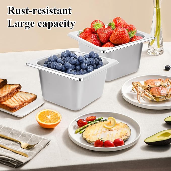 LANIAKEA 6PCS Hotel Pans Stainless Steel Steam Table Pan Restaurant Supplies 1/6 Size x 4 inch Deep Stainless Steam Table Pans Hotel Pan Trays for Food Party Catering Supplies
