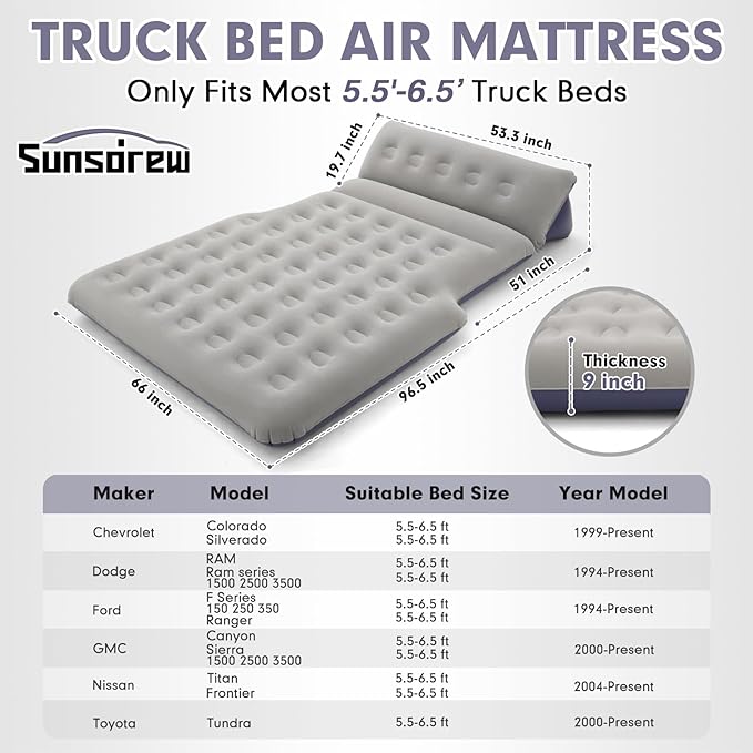 Sunsdrew 2025 Upgraded T*ruck Air Bed Mattress for 5.5-6.5Ft Full-Size Inflatable Mattress Short Truck Beds with Built-in Pillow Adjustable Air Mattress for CampingHomeTruck Tent Accessories(Blue)