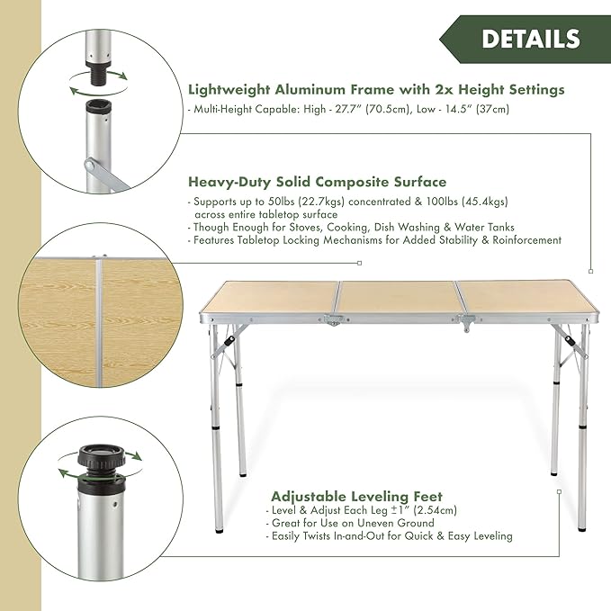 ARROWHEAD OUTDOOR 4’ ft Heavy-Duty Portable Aluminum Frame Folding Table w/Leveling Feet Solid Tabletop Surface 2 Adjustable Heights Carrying Case Included Lightweight USA-Based Support
