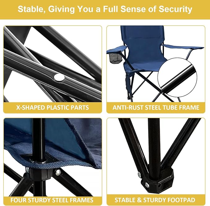 Portable Folding Camping Chair with Cup Holder and Cooler Bag Lightweight Outdoor Chair with Strong Steel Frame Easy Storage with Carry Bag Supports 300LBS Navy Blue