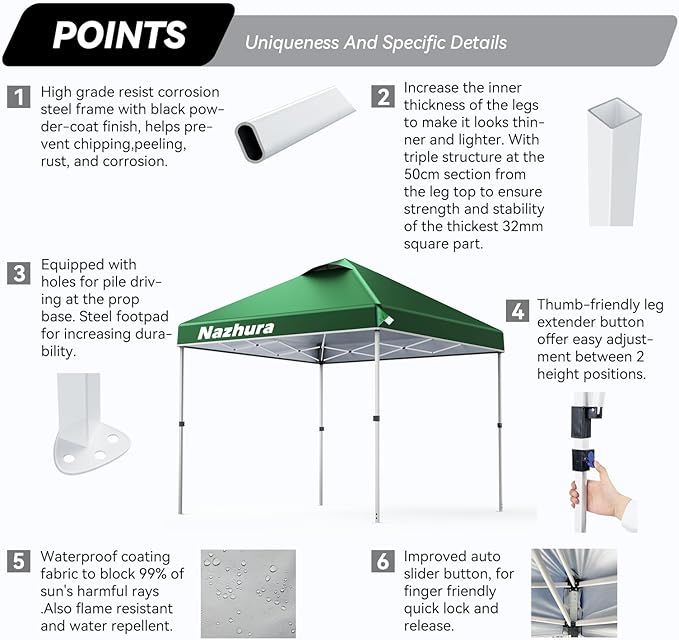 Nazhura 10' x 10' Pop Up Canopy Tent with Sand Weight Bag Awing for Patio Freestanding Sun Shelter for Picnic and Camping One Person Setup White (Green)