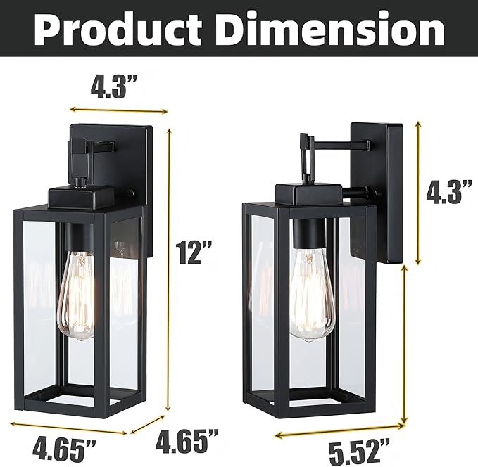 12” Black Wall Sconce Lights-12 Inch Outdoor Wall LightExterior Sconce Steel and Glass Outdoor Porch Light Black Lantern for Front Porch Garage Balcony