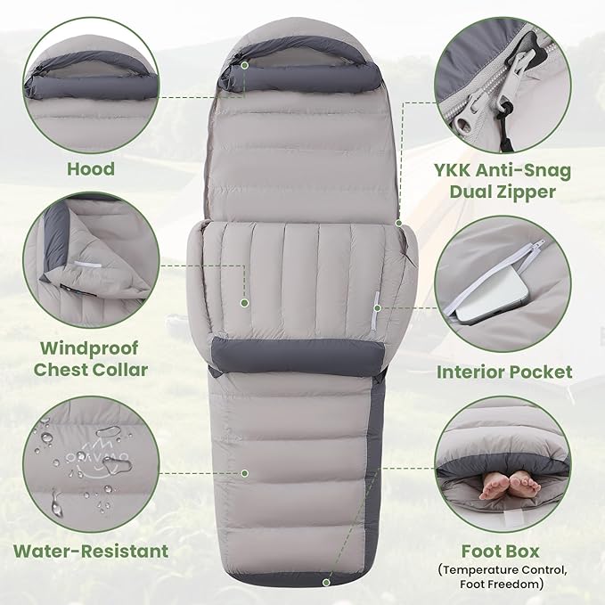 -10°F 0°F 10°F 15°F Down Sleeping Bag for Adults800/650 Fill PowerUltralight Wearable 4 Season Cold Weather Rectangle Sleeping Bag for Camping HikingCan be Used as a Down Blanket or Cloak