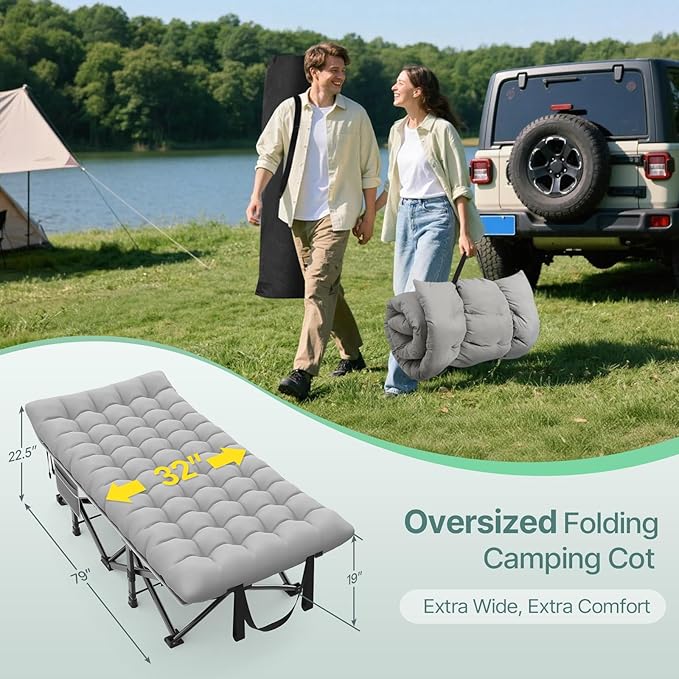 Suteck 32In XXL Folding Camping Cot 900LBS Heavy Duty Sleeping Cot with Pillow Mattress 1200D Double-Layer Oxford Portable Cot for Adults with Carry Bag for Home Office Nap Beach Travel