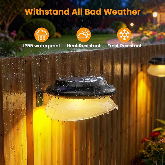 ROSHWEY Outdoor Fence Lights 6 Pack Solar Gutter Lights with 9 LED Waterproof for Eaves Garden Garage Porch Stairs Wall 2 Installations Methods Black Lampshade (Warm White)