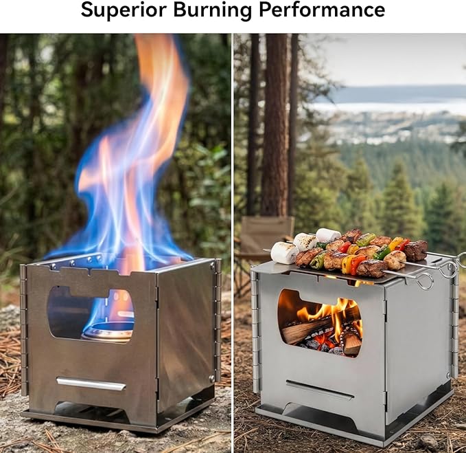 COOK'N'ESCAPE Portable Wood Burning Stove Foldable Stainless Steel Camp Burner with Titanium Grill Plate and Ash Tray Secondary Combustion Survival Gear for Hiking Outdoor Tent Camping Picnic BBQ