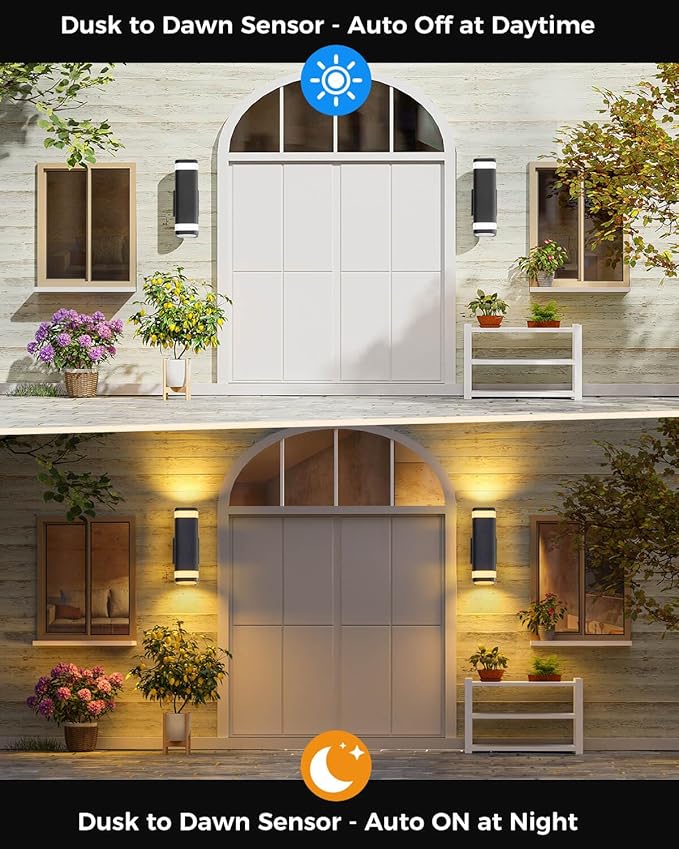 SHIMR Dusk to Dawn Outdoor Wall Light with Sensor 2 Pack Waterproof Up and Down Outdoor Sconce Lights Modern Black Aluminum Exterior Lighting Fixtures for Porch Patio Garage LED Bulbs Included
