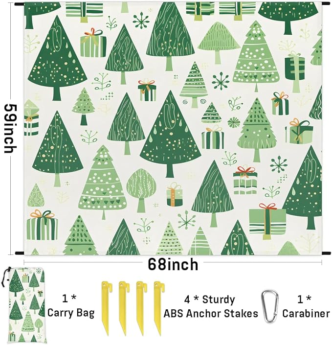 Waterproof Sandproof Beach Blanket 59''×68'' Christmas Tree Polyester Outdoor Picnic Blanket with 4 Stakes &amp Storage Bag for BeachCampingVacation Green