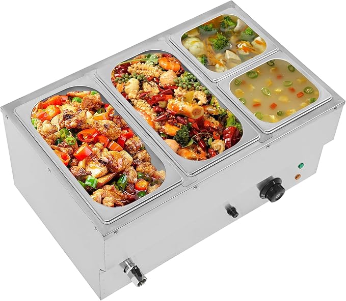110V 4-Pan Commercial Food Warmer 1500W Electric Steam Table 15cm/6inch Deep Professional Stainless Steel Buffet Bain Marie with Temperature Control for Catering and Restaurants