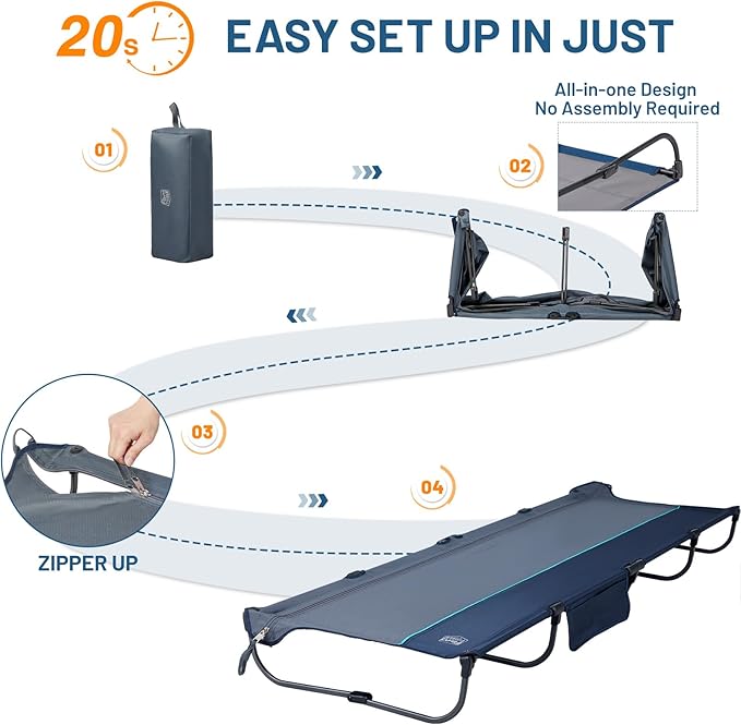 TIMBER RIDGE 20-Second Quick Set-Up Camping Cot Lightweight Aluminum Folding Cot with Zipper Closure Portable Carry Bag Included for Camping Travel and Outdoors Support up to 225lbs Blue