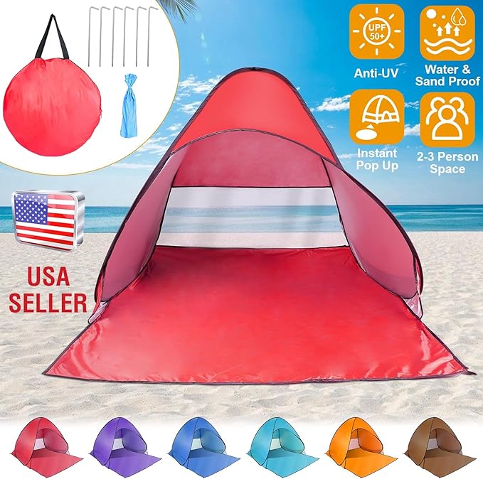 Beach Tent Pop Up Beach Tent Canopy Sun Shade Shelter Anti-UV Automatic Waterproof for 2-3 Person with Net Window Storage Bag Outdoor Camping Fishing Park Bea ch