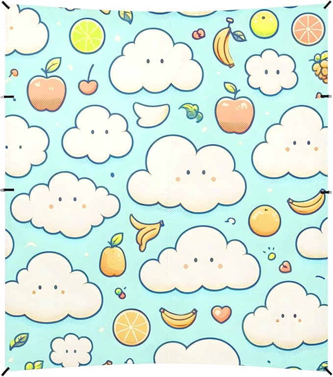 Cartoon Clouds Simple Strokes of Fruits Seamless Image Camping Sun Shelter Beach Tent Portable Beach Sun Shade Outdoor Canopy for Camping Trips Fishing Picnic