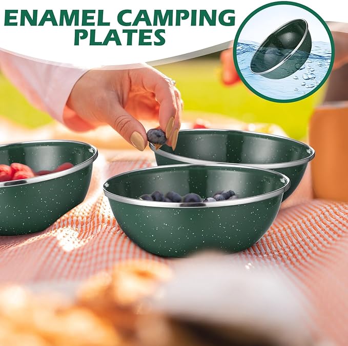 Sawysine 8 Pcs 6 Inch Enamel Bowl for Camping and Backpacking Enamelware Mixing Bowls Camping Cookware for Outdoor Cooking Picnic Snacks Home Farmhouse(Green)