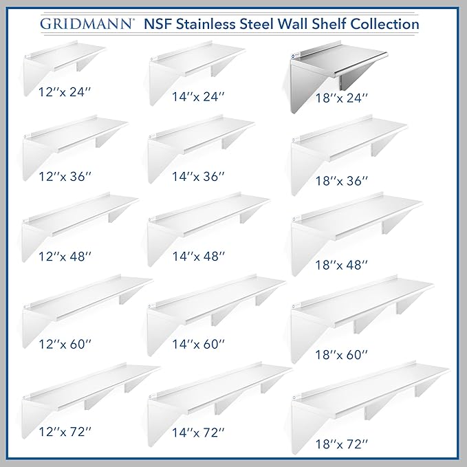 GRIDMANN 18 x 24 Stainless Steel Wall Mount Shelf with Backsplash Commercial Grade - NSF Certified 18 Gauge Shelving for Restaurant Kitchen Utility Room Garage