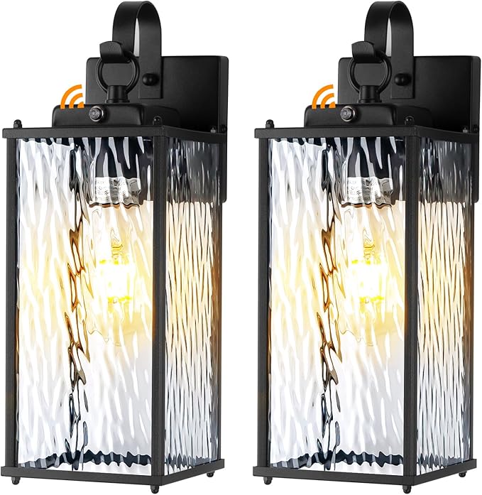 2-Pack Dusk to Dawn Outdoor Lighting with Water Ripple Glass IP65 Waterproof Matte Black Front Porch Lights Photocell Sensor Exterior Light Fixtures Outdoor Wall Sconces Coach Lights